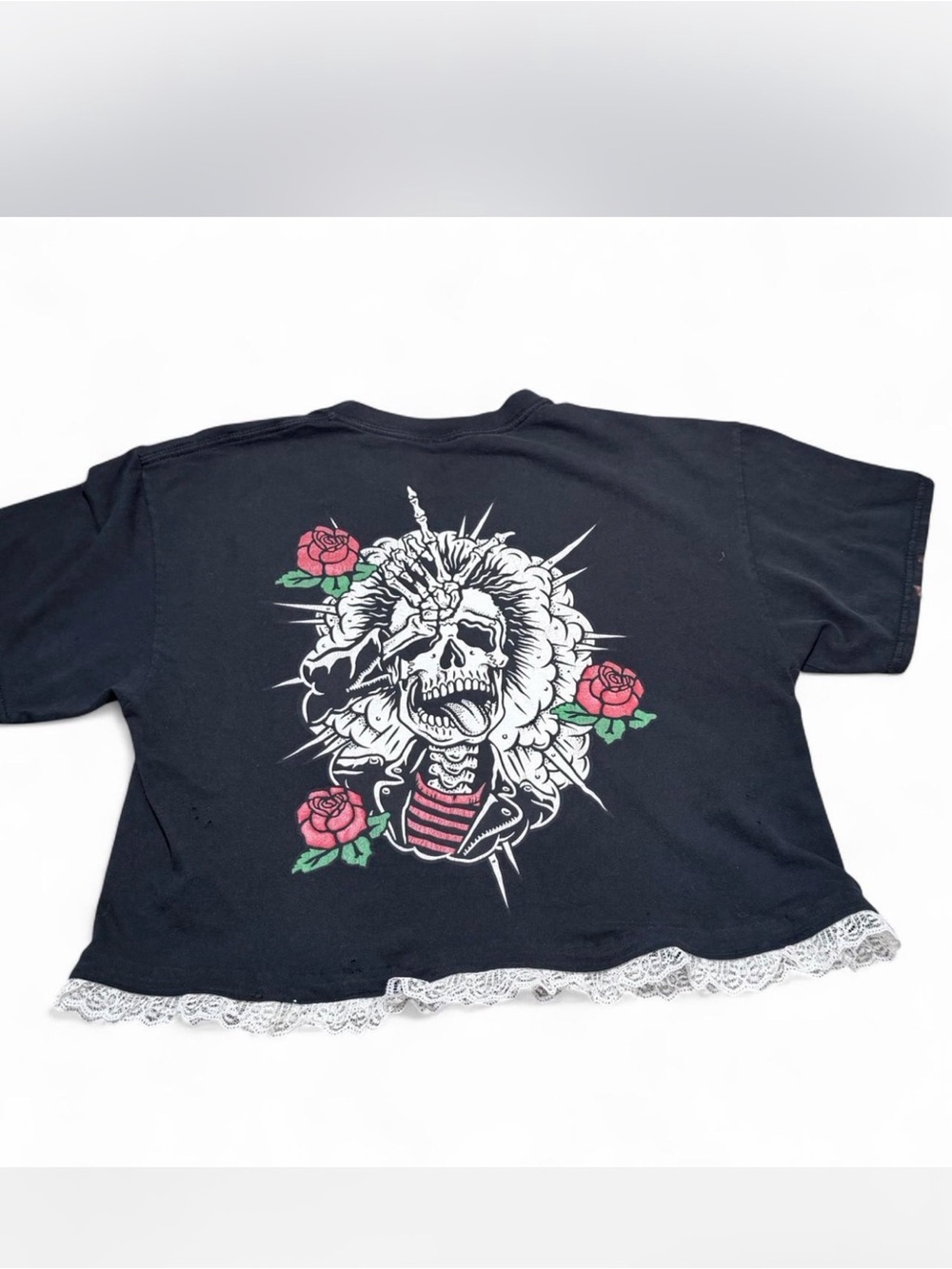 Upcycled Skull Rose Graphic Tee Lace Hem Grunge Coquette Punk Goth Size L